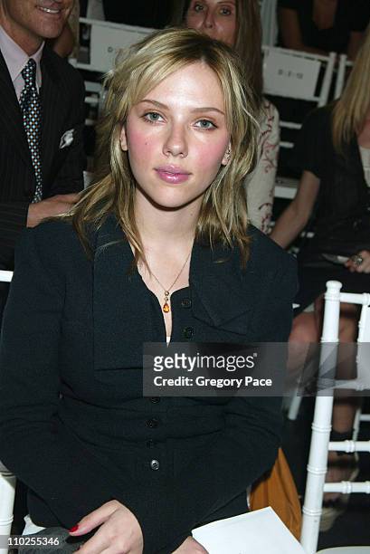 Scarlett Johansson during Olympus Fashion Week Spring 2006 - Roland Mouret - Sponsored by Motorola - Front Row and Backstage at Skylight Studios in...