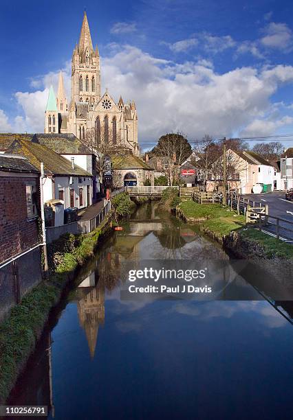 reflection of truro cathedral - truro cornwall stock pictures, royalty-free photos & images