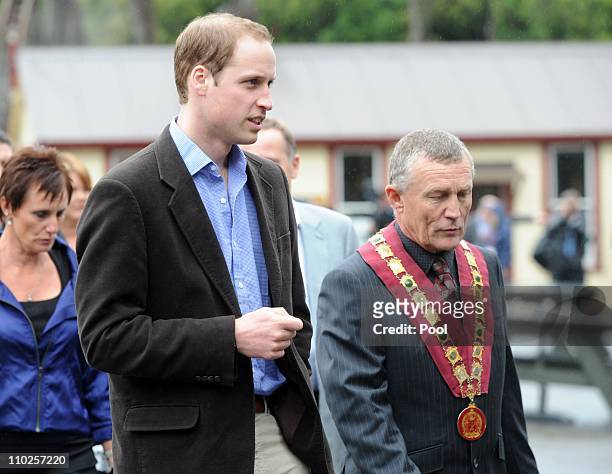 Prince William and Grey District Mayor Tony Kokshoorn arrive at Shanty Town to meet with families of the 29 men killed in the Pike River Coal mine...