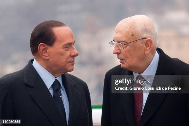 President of the Italian Republic Giorgio Napolitano and Prime Minister Silvio Berlusconi attend a ceremony to mark the 150th anniversary of Italy's...