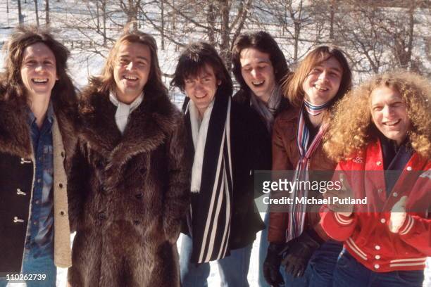 Foreigner, group portrait, New York, 7th February 1977. L-R Dennis Elliott, Ed Gagliardi, Al Greenwood, Mick Jones, Lou Gramm, Ian McDonald.