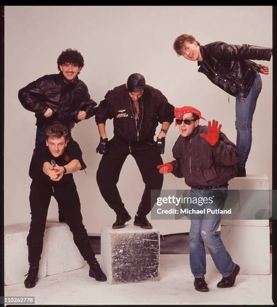 Frankie Goes To Hollywood, studio group portrait, London, March 1984, L-R Peter Gill, Mark O'Toole, Paul Rutherford, Holly Johnson, Brian Nash.