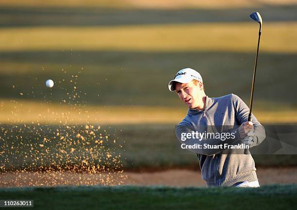 Steven Tiley of England plays his bunker shot on the 10th hole during the first round of the Sicilian Open at the Donnafugata golf and spa resort on...