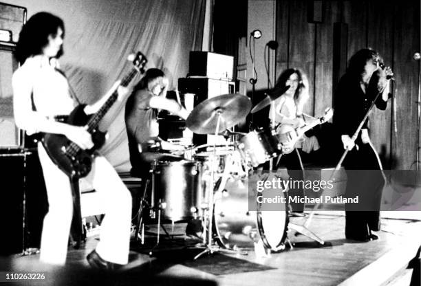 Free perform on stage at Imperial College, London on 23rd October 1970, L-R Andy Fraser, Simon Kirke, Paul Kossoff, Paul Rodgers.