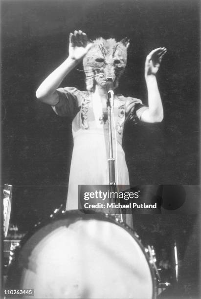 Peter Gabriel of Genesis performs on stage, London, 1971.