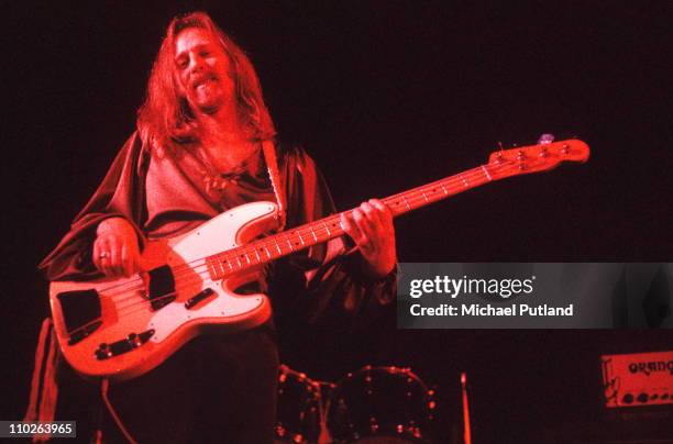 Tony Reeves of Greenslade performs on stage, London, 1975.