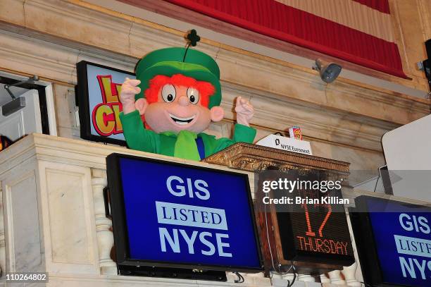 Lucky, the Lucky Charms mascot, visits the New York Stock Exchange on March 17, 2011 in New York City.