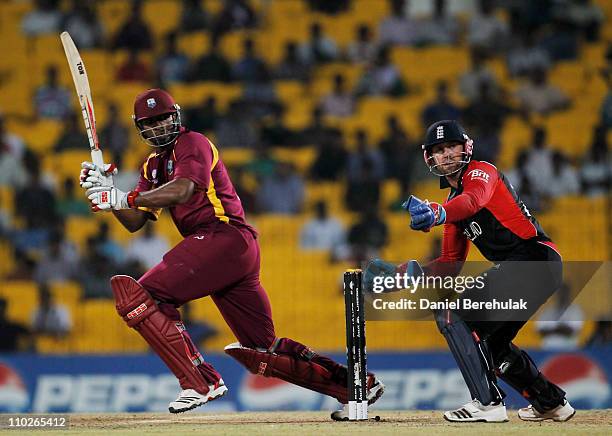 Kieron Pollard of West Indies bats as Matt Prior of England keeps wicket during the Group B ICC World Cup match between England and West Indies at M....