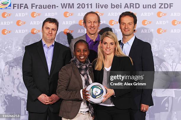 Axel Balkausky, Shary Reeves, Ralf Scholt, Nia Kuenzer and Claus Lufen pose during a photocall with the ARD and ZDF TV presenters for the FIFA Women...