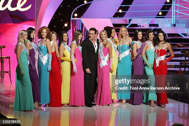 Dany Brillant and Miss France Pageant Contestants during Miss France 2006 Pageant at Palais des Festivals in Cannes, France.