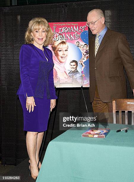 Barbara Eden and Larry Hagman during Larry Hagman and Barbara Eden Sign "I Dream of Jeanie" DVD at B&N in New York City - March 15, 2005 at Barnes...