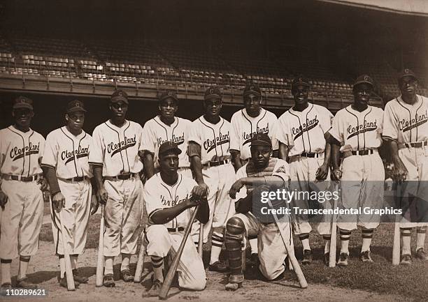 The Cleveland Buckeyes of the Negro National League pose for a team portrait in Municipal Stadium circa 1947 in Cleveland, Ohio. Quincy Trouppe the...