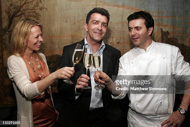Jeri Ryan, Yannick Alleno and Christophe Eme during Chef Yannick Alleno Dines at Ortolan with Jeri Ryan and Christophe Eme - February 21, 2007 at...