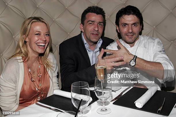 Jeri Ryan, Yannick Alleno and Christophe Eme during Chef Yannick Alleno Dines at Ortolan with Jeri Ryan and Christophe Eme - February 21, 2007 at...