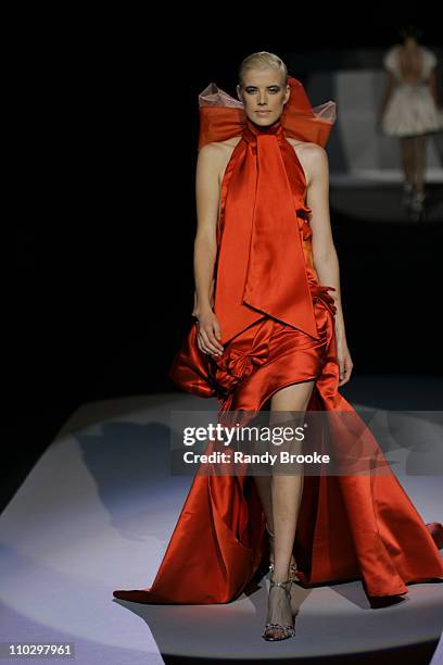 Agyness Deyn wearing Zac Posen Spring 2007 during Olympus Fashion Week Spring 2007 - Zac Posen - Runway at The Tent, Bryant Park in New York City,...