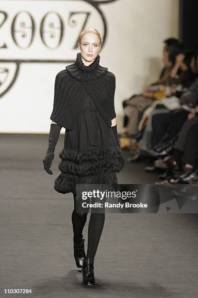 Raquel Zimmermann wearing Anna Sui Fall 2007 during Mercedes-Benz Fashion Week Fall 2007 - Anna Sui - Runway at The Tent, Bryant Park in New York...