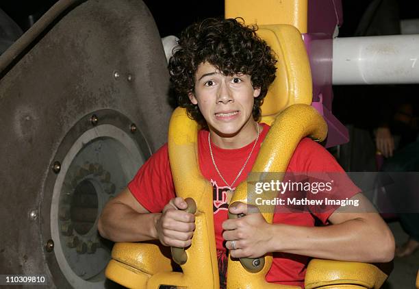 Nick Jonas on X during Miley Cyrus and The Jonas Brothers Visit Six Flags Magic Mountain at Six Flags Magic Mountain in Valencia, California, United...