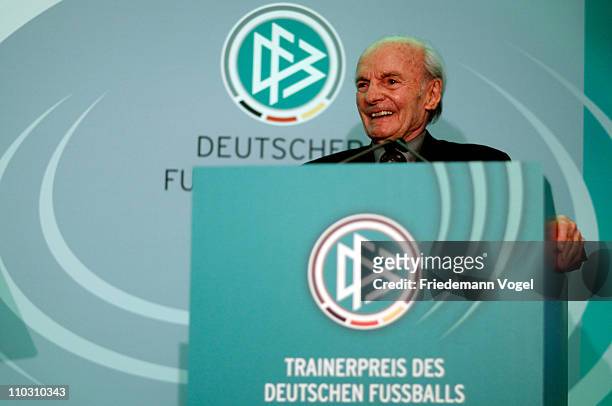 Dettmar Cramer receives the DFB honorary award at the hotel Wasserturm on March 17, 2011 in Cologne, Germany.
