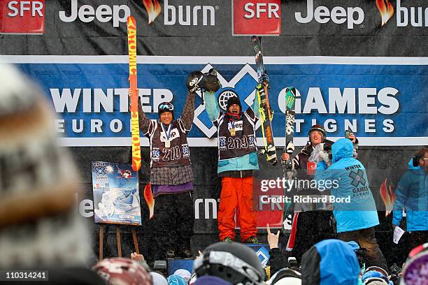 Houle of Canada takes first place, Andreas Hatveit of Norway takes second place and James Woods of Great Britain takes third place and pose on the...