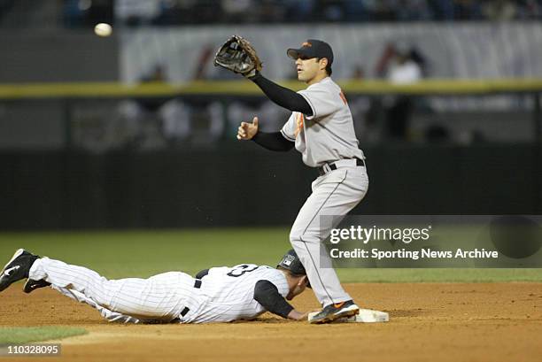 May 12, 2005; Chicago, IL, USA; Baltimore Orioles Brian Roberts against Chicago White Sox Aaron Rowand in Chicago, Ill., on May 12, 2005. The White...