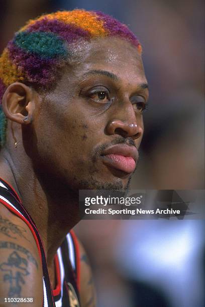 Basketball -A headshot of Chicago Bulls colorful forward Dennis Rodman during a game against the Milwaukee Bucks on December 3, 1996 in Milwaukee....