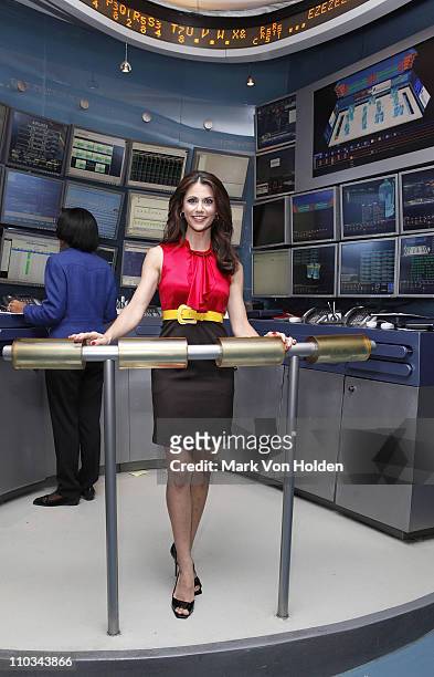 Entertainment news journalist Samantha Harris poses for a photo at the New York Stock Exchange on July 21, 2009 in New York City.