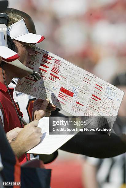 Head coach Jon Gruden of the Tampa Bay Buccaneers yells in front of the playbook during the Bucs 16-0 victory over the Dallas Cowboys at Raymond...