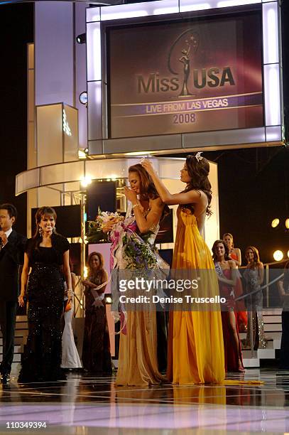 Miss USA 2008/Miss Texas Crystle Stewart is crowned by Miss USA 2007 Rachel Smith at the 2008 Miss USA Competition at Planet Hollywood Resort &...