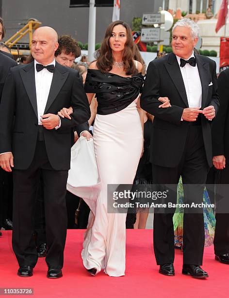 Luca Zingaretti, Monica Bellucci and director Marco Tullio Giordana attend the "Wild Blood" premiere at the Palais des Festivals during the 61st...