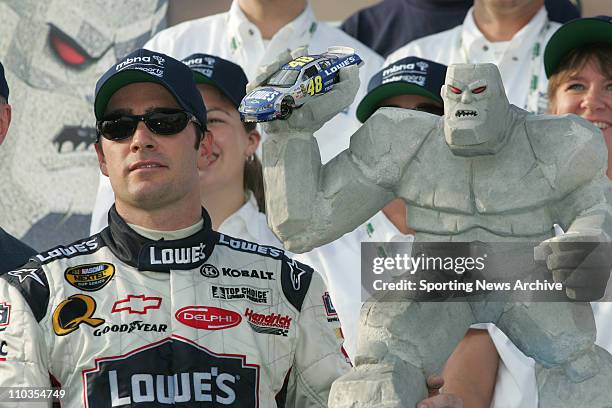 Sep 23, 2005; Dover, DE, USA; Jimmie Johnson, trophy during the Nextel Cup MBNA RacePoints 400 on Sept. 25, 2005 at Dover International Speedway in...