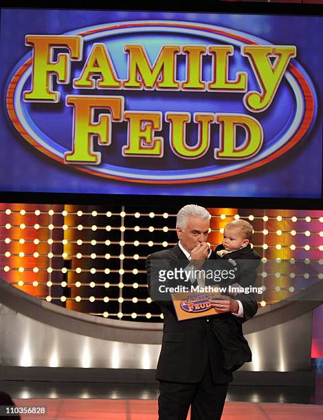 Host John O'Hurley and his 18 month old son William on the set of Family Feud on June 20, 2008 at KTLA in Los Angeles, California.