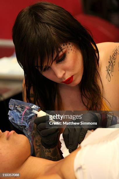 Ink's Kat Von D as she attempts to break the Guinness World Record for tattooing on December 14, 2007 at High Voltage Tattoo in Los Angeles,...