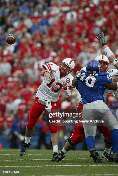 Nebraska's Zac Taylor throws a pass against the Kansas Jayhawks. The Kansas Jayhawks beat the Nebraska Cornhuskers 40-15 in Lawrence, Kansas at...