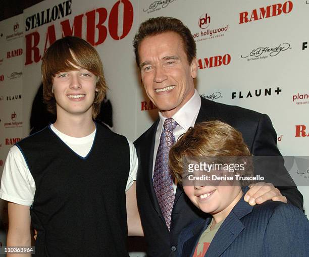 Patrick Schwarzenegger, California Governor Arnold Schwarzenegger and Christopher Schwarzenegger arrive at the World Premiere of "Rambo" at The...