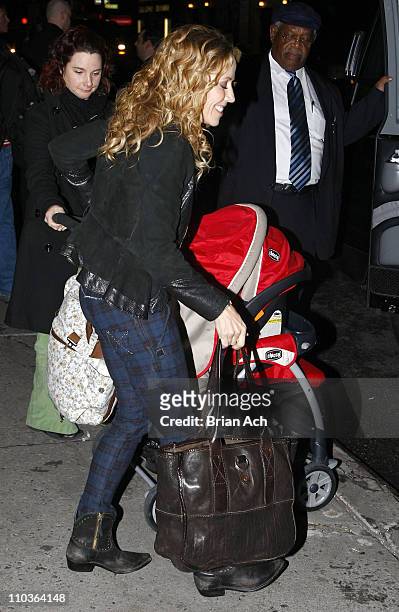 Singer Sheryl Crow with her child Wyatt Steven as she visits "Late Show with David Letterman" on February 4 at the Ed Sullivan Theatre in New York...