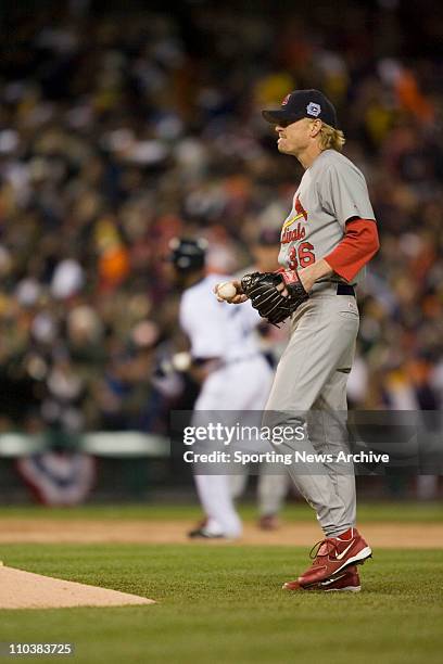 Oct 22, 2006; Detroit, MI, USA; The St Louis Cardinals JEFF WEAVER reacts to giving up a homerun against the Detroit Tigers CRAIG MONROE during Game...