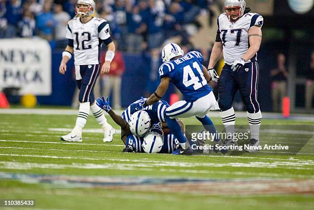 Jan 21, 2007; Indianapolis, IN, USA; Indianapolis Colts MARLIN JACKSON, ROBERT MATHIS and ANTOINE BETHEA against New England Patriots during the AFC...