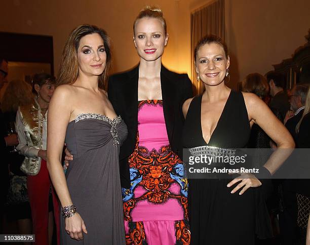 Alexandra Kamp, Franziska Knuppe and Sophie Schuett attend the reception to the 150th anniversary of Italy unification at the Italian embassy to...