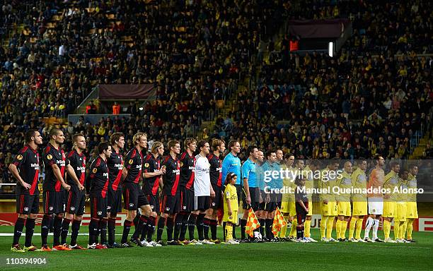 Villarreal and Bayer Leverkusen teams line up before the start of the UEFA Europa League round of 16 second leg match between Villarreal and Bayer...