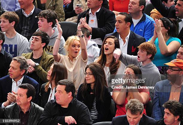 Michael Lohan Jr., Lindsay Lohan, Ali Lohan and Cody Lohan attend the Memphis Grizzlies vs New York Knicks game at Madison Square Garden on March 17,...