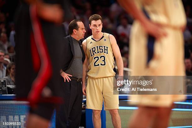 Big East Tournament: Notre Dame Ben Hansbrough with head coach Mike Brey during game vs Louisville at Madison Square Garden.New York, NY...