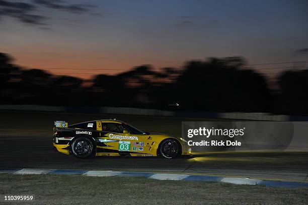The Chevrolet Corvette C6-ZR1 of Olivier Beretta, Antonio Garcia, Tommy Milner during night practice for the Intercontinental Le Mans Cup 12 Hours of...