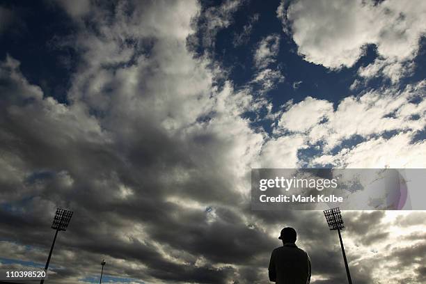 General view is seen as Ben Rohrer of the Blues fields during day two of the Sheffield Shield final match between the Tasmanian Tigers and the New...