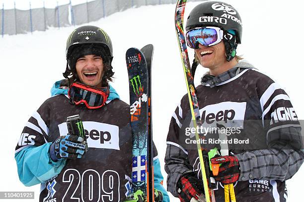 Houle of Canada takes first place and Andreas Hatveit of Norway takes second place and pose in the bottom of the Superpipe after the Ski Slopestyle...
