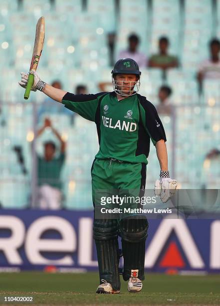 Niall O'Brien of Ireland celebrates his half century during the 2011 ICC World Cup match between Ireland and Netherlands at Eden Gardens on March 18,...
