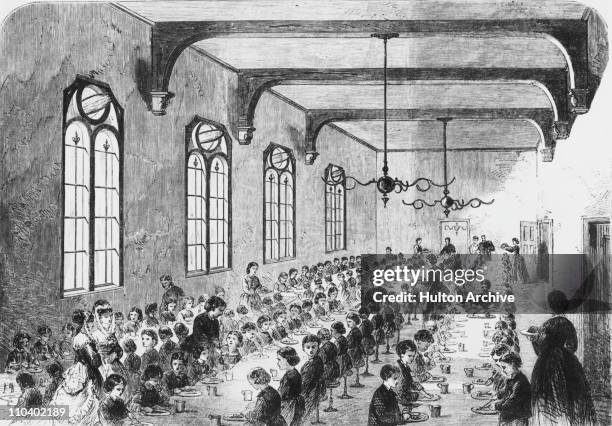 Children in the dining hall of the orphanage, founded by philanthropist Josiah Mason, at Erdington, Birmingham, 1869.