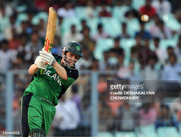 Ireland batsman Niall O'Brien plays a shot during the Group B match 37 between Netherlands and Ireland for The Cricket World Cup 2011 tournament at...