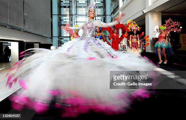 Brazilian Rio Carnival dancer Marcella Alvez performs at a media conference on March 17, 2011 in Cape Town, South Africa. The dancers are performings...