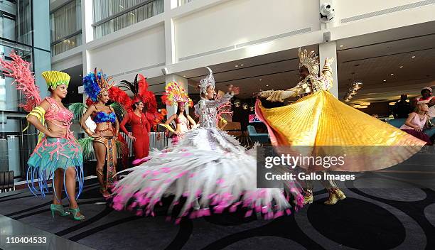 Brazilian Rio Carnival dancers Marcella Alvez and Raphael Rodriguez perform at a media conference on March 17, 2011 in Cape Town, South Africa. The...