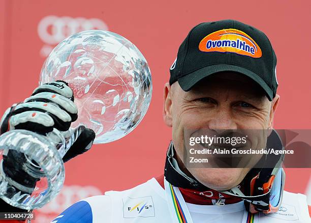 Didier Cuche of Switzerland wins the Overall Super-G World Cup during the Audi FIS Alpine Ski World Cup Men's SuperG on March 18, 2011 in...